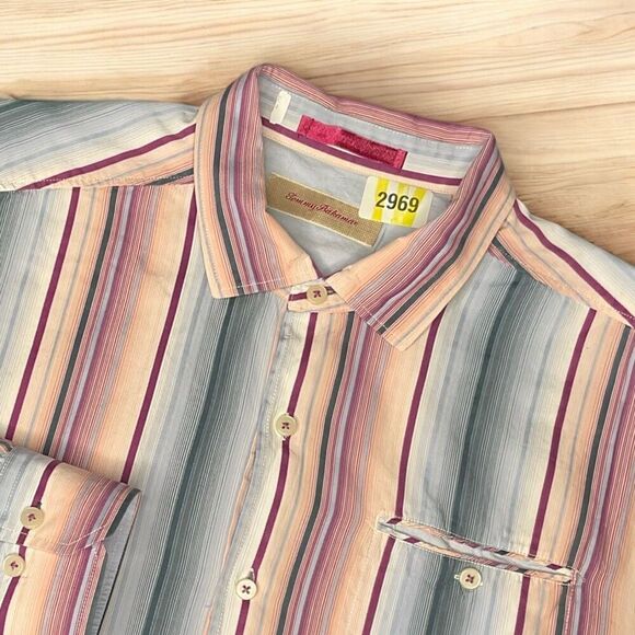 Tommy Bahama Shirt Mens XL Pink Blue Shadow Stripe Cotton Silk‎  Button Up Beach - Picture 1 of 10